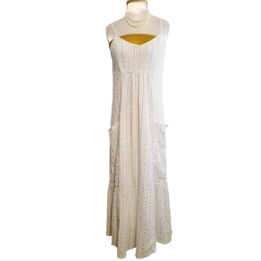 aerie White Metallic Silver Striped Spaghetti Strap Maxi Dress